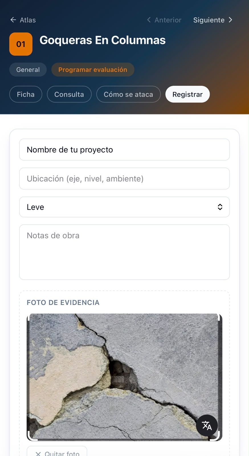 App: registro de inspección con foto y notas