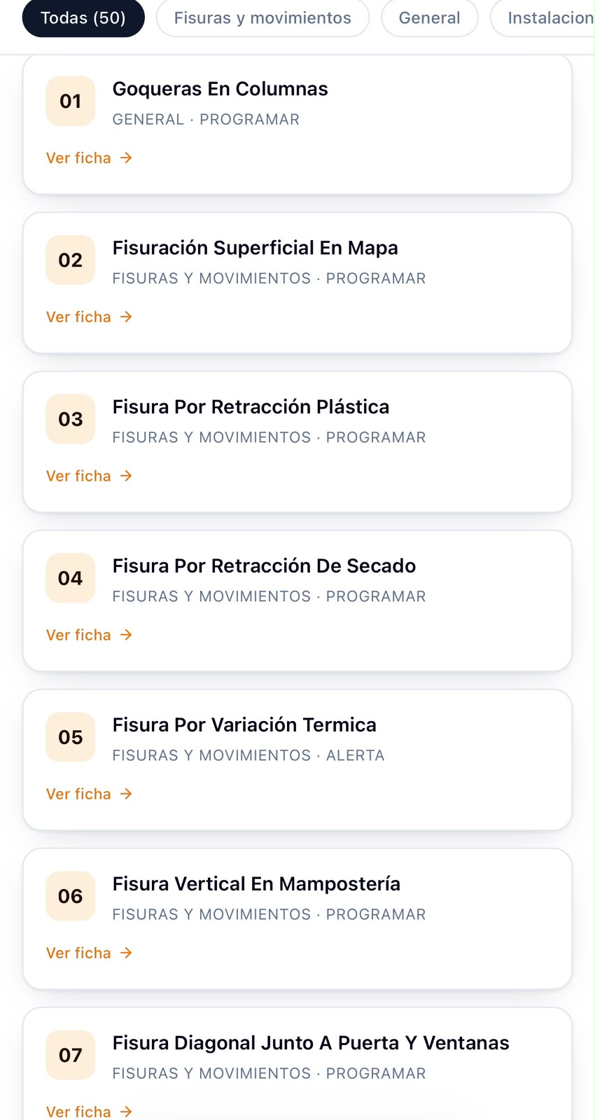 App: listado de las 50 fichas por categoría